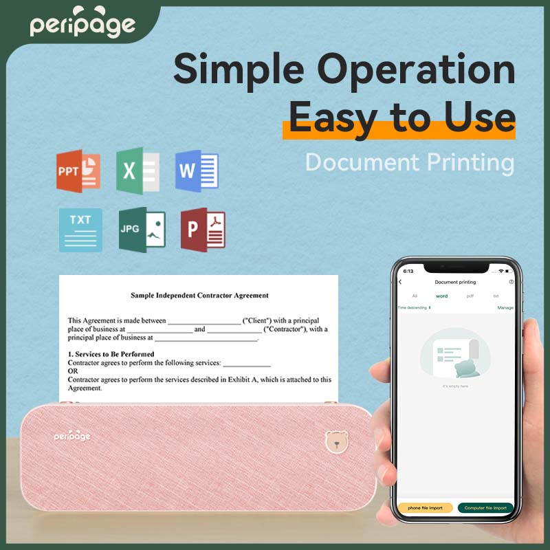 PeriPage A4 Paper Printer Direct Thermal Transfer Wirless Printer Mobile  210mm BT 2''/3''/4'' Paper Printing PDF File Webpage