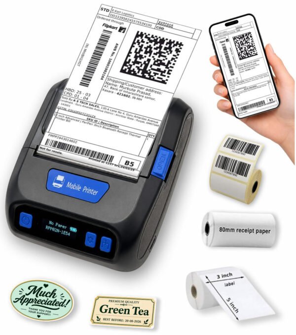 PeriPeri 3Inch Heavy Duty V2.0 USB+Bluetooth Label + Receipt 2in1 Thermal Printer, Inkless Portable Printer for Print Labels Receipt Bill Compatible with Android, iOS & Windows (1 Year Warranty)