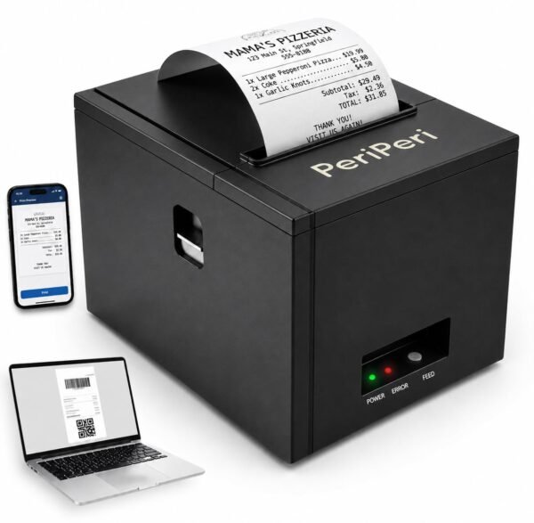 PeriPeri 80mm Thermal Receipt Printer 290mm/s High Speed Printing, Inkless ESC/POS Billing Printer with Auto Cutter for Android, Windows & Mac 3inch Receipt Printer (Square) 1 Year Warranty
