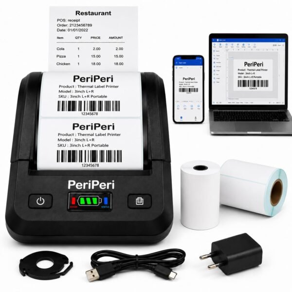 PeriPeri 3inch L+R Portable Printer 80mm Direct Thermal Label + Receipt Printer for Print Labels & Receipts Compatible with Windows PC, Laptop 152mm/s Print Speed (USB+BT) (1Year Warranty)